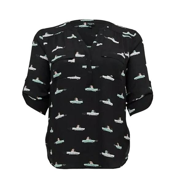 Torrid Harper Black Dog Car Freeway Frenchie Georgette Pullover Blouse Size 5 - Picture 2 of 5